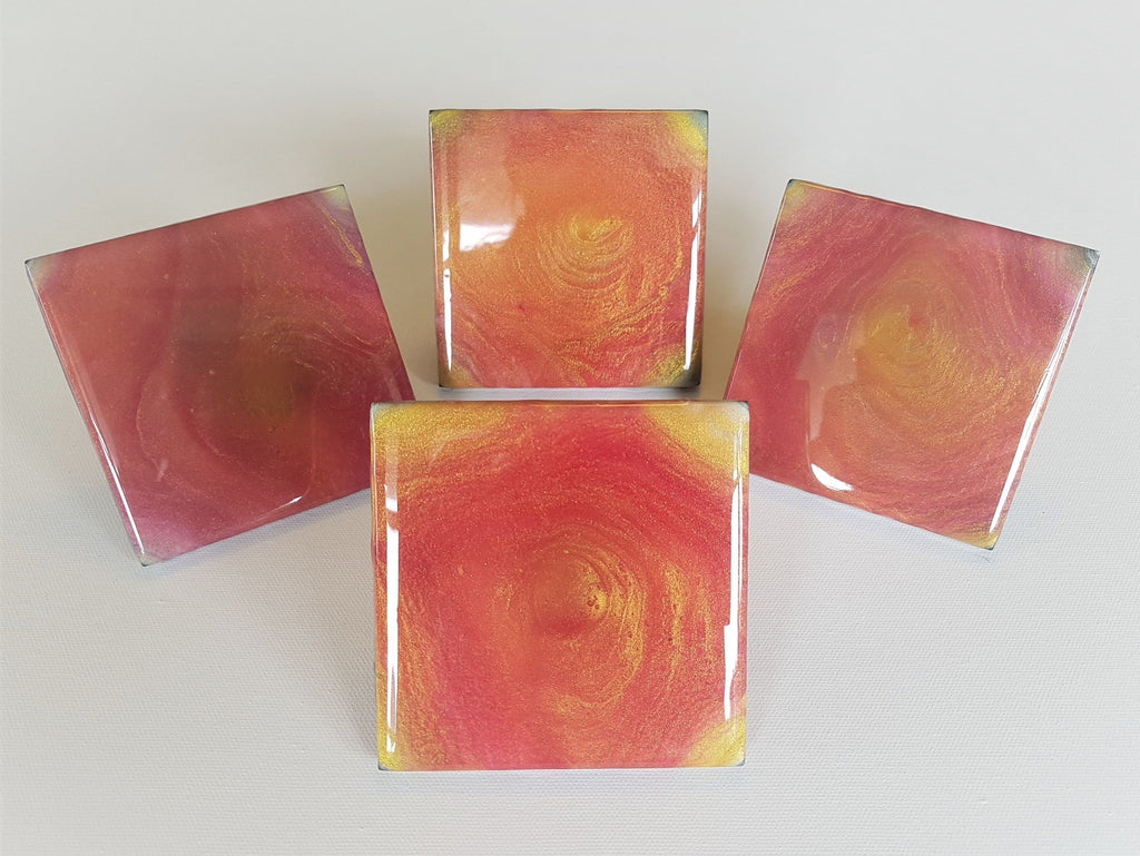 Ceramit Tiles - Set of 4, Ringpour of pinks and gold with a hint of orange