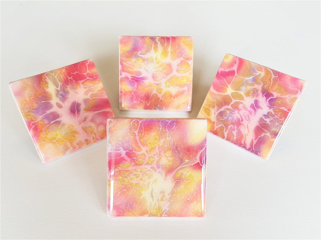 Ceramic Tiles - Set of 4 with pink, purple and gold