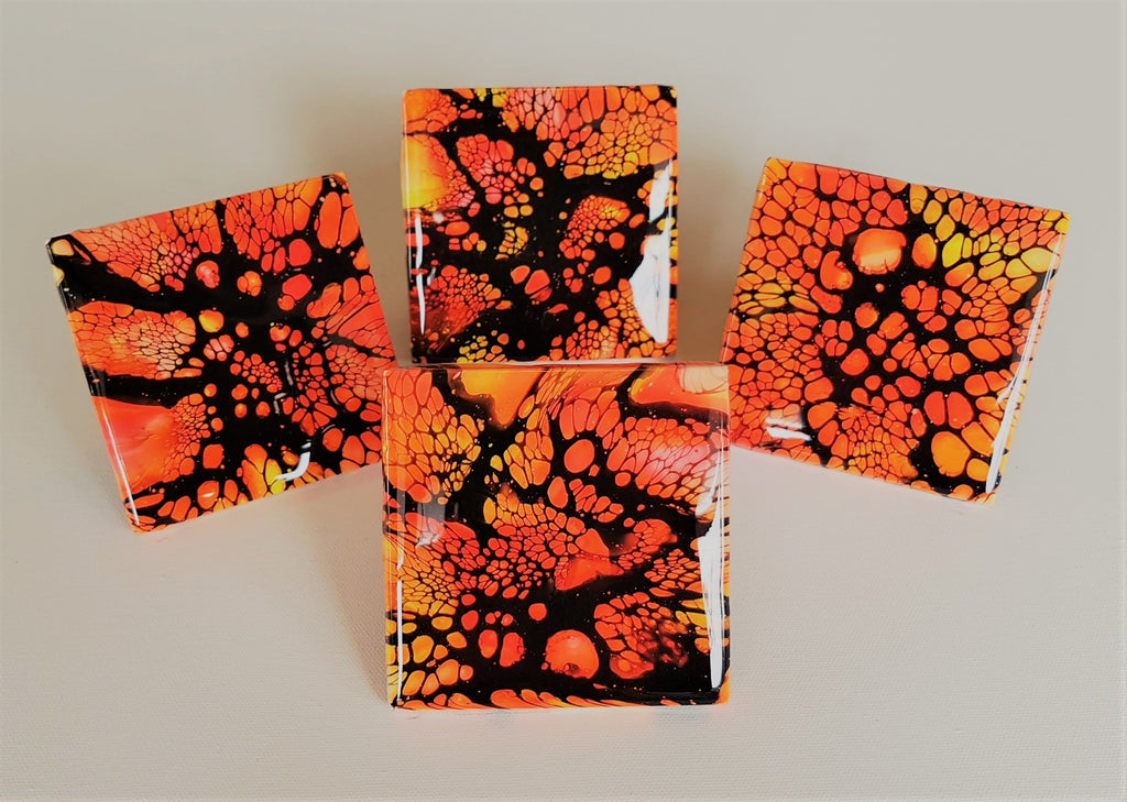 Ceramic Tiles - Bright Orange bloom with black lacing